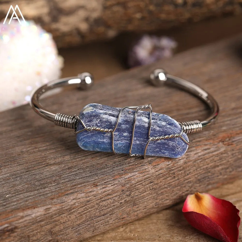 Natural Blue Kyanite Stone Open Bangle For Women High Quality Handmade Birthday Wedding Jewelry Gifts
