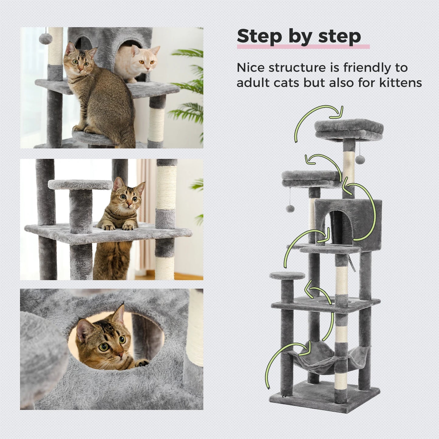 Pet Cat Tree House Condo Perch Entertainment Playground Stable Furniture for Kitten Multi-Level Tower for Large Cat Cozy Hommock