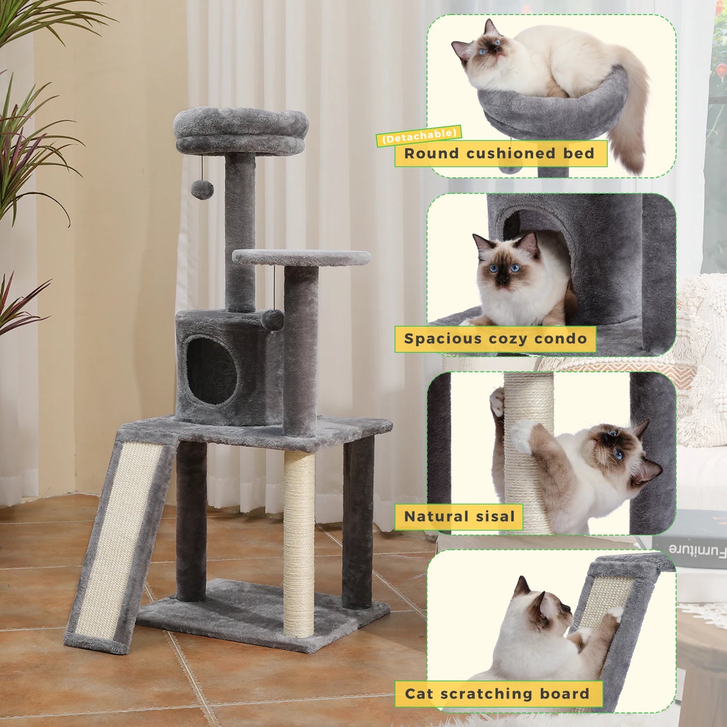 Pet Cat Tree House Condo Perch Entertainment Playground Stable Furniture for Kitten Multi-Level Tower for Large Cat Cozy Hommock
