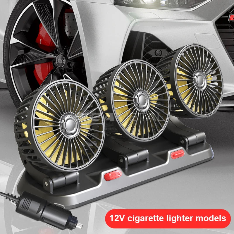 SEAMETAL USB Cooling Fan for Car 360-Degree Rotation 3-Head Electric Fan 2-Speed Silent Motor Fan Universal for Car/Office/Home