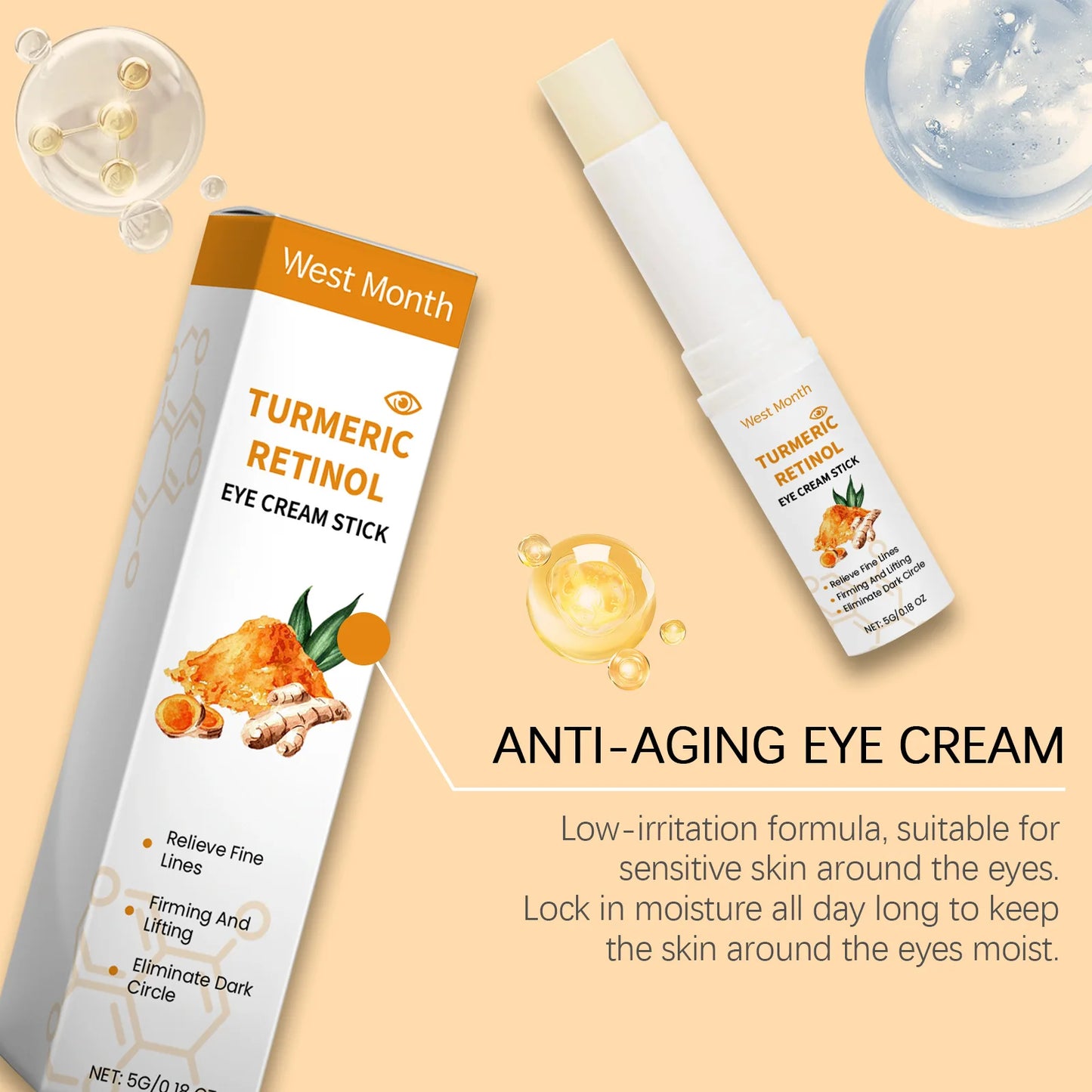 West Month 5g Turmeric Retinol Remove Dark Circles Eye Cream Stick  Anti Eye Bags Puffiness Brightener Moisturizing Eye Cream