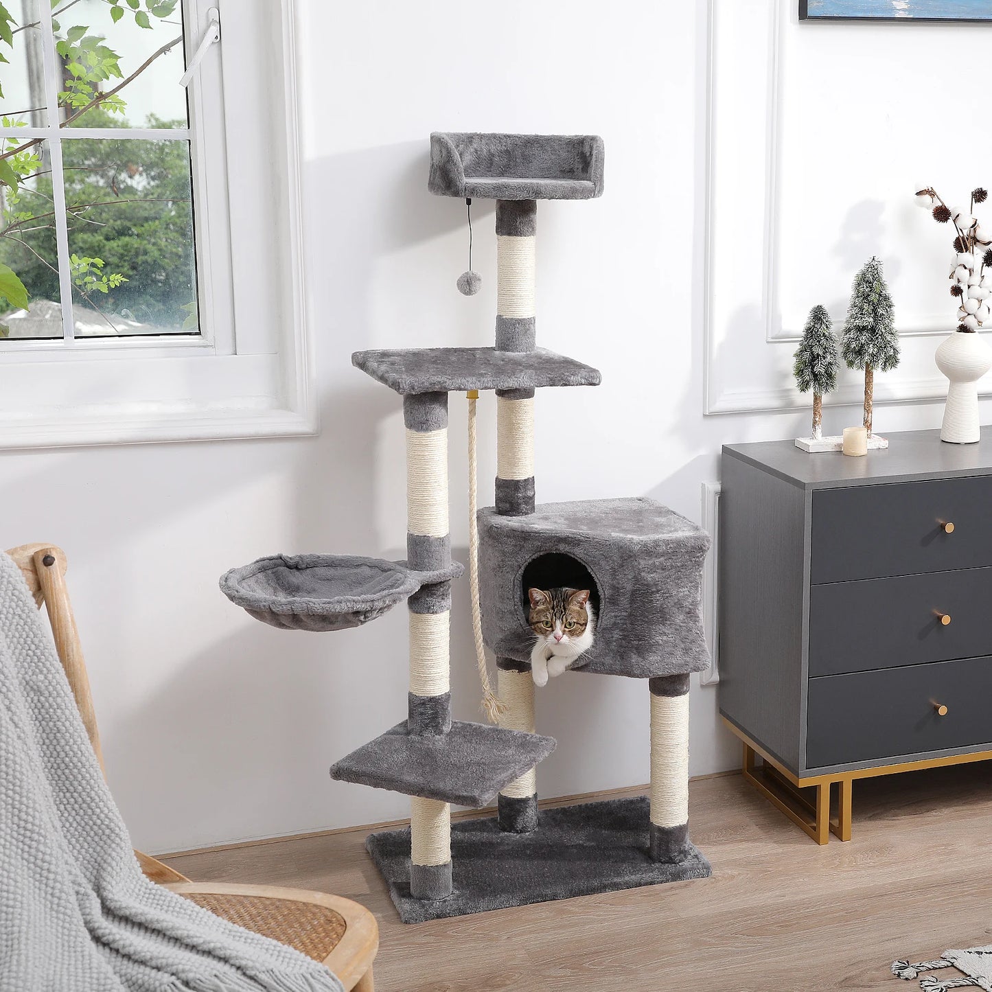Pet Cat Tree House Condo Perch Entertainment Playground Stable Furniture for Kitten Multi-Level Tower for Large Cat Cozy Hommock