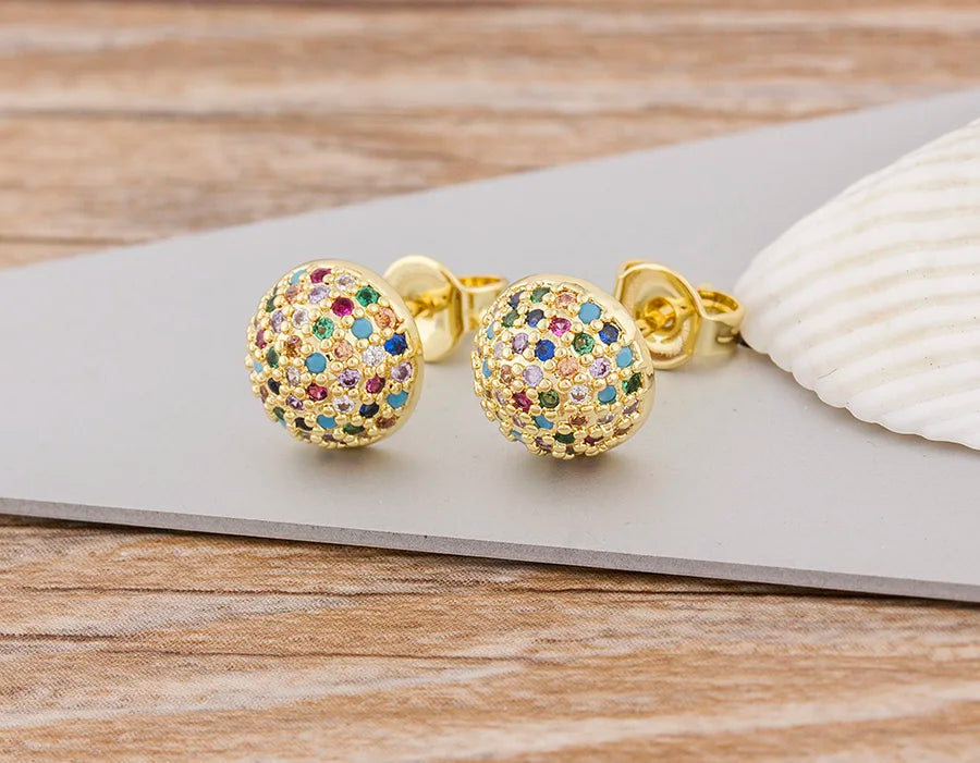 Nidin Korean Fashion Round Shape Pave Colorful Zircon Charm Stud Earrings For Women Birthday Party Ear Jewelry Delicate Gifts