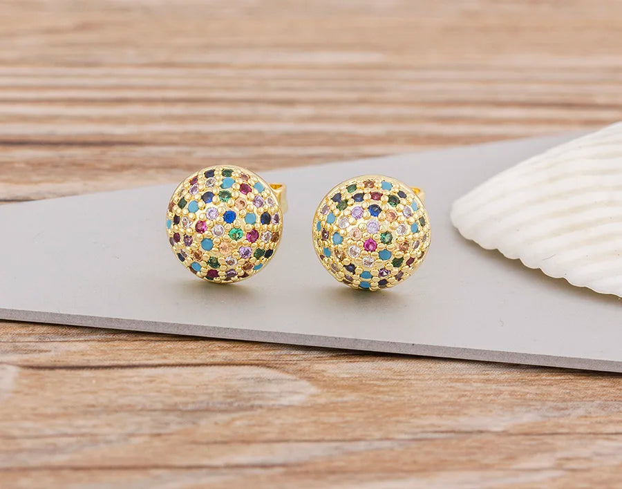 Nidin Korean Fashion Round Shape Pave Colorful Zircon Charm Stud Earrings For Women Birthday Party Ear Jewelry Delicate Gifts