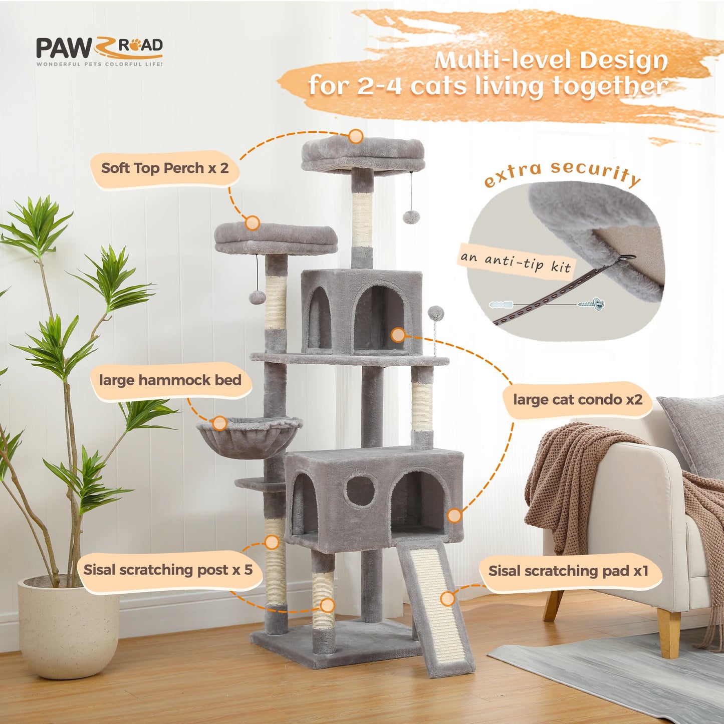 Pet Cat Tree House Condo Perch Entertainment Playground Stable Furniture for Kitten Multi-Level Tower for Large Cat Cozy Hommock