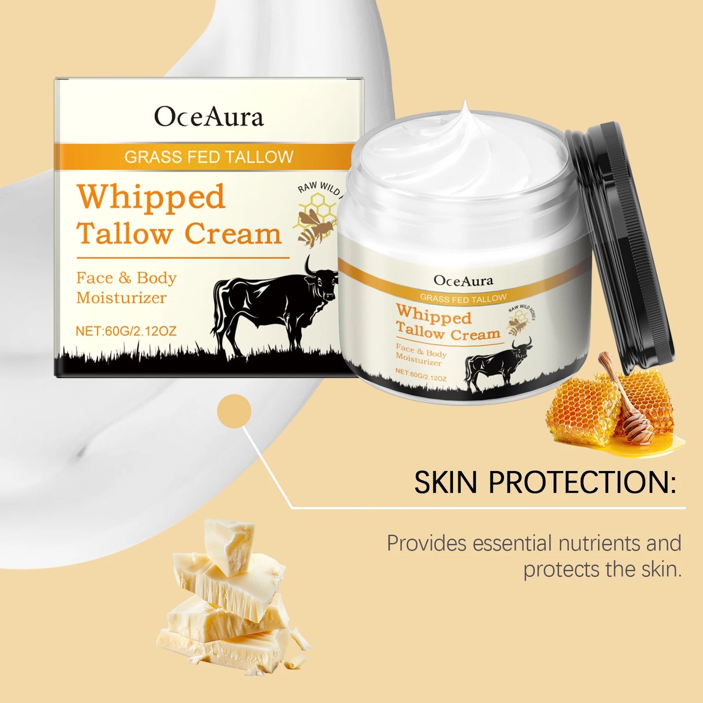 Oceaura 60g Beef Tallow Honey Moisturizer Cream Hydrating Smoothing Face Deep Nourish Rejuvenation Brighten Skin Care Cream
