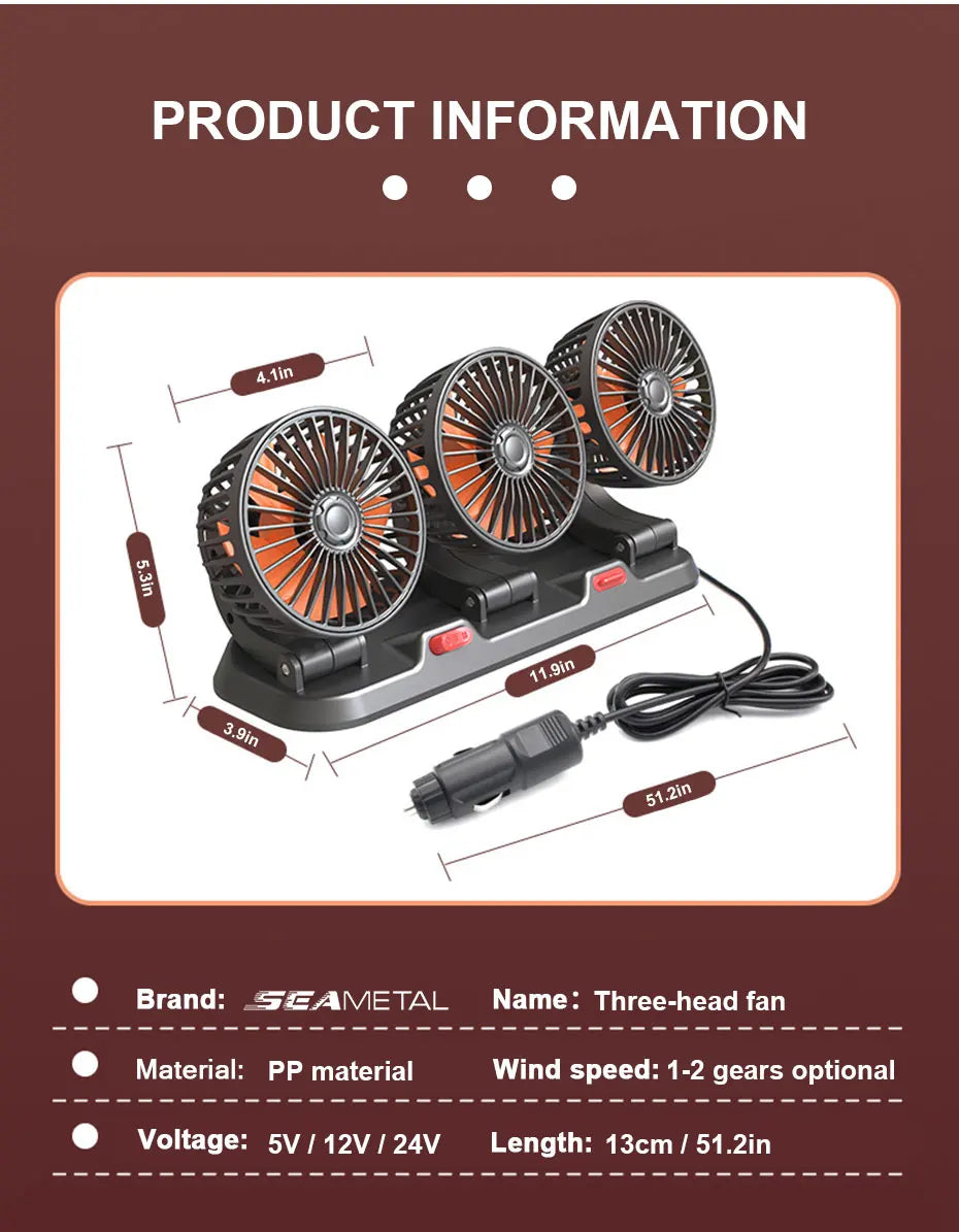 SEAMETAL USB Cooling Fan for Car 360-Degree Rotation 3-Head Electric Fan 2-Speed Silent Motor Fan Universal for Car/Office/Home