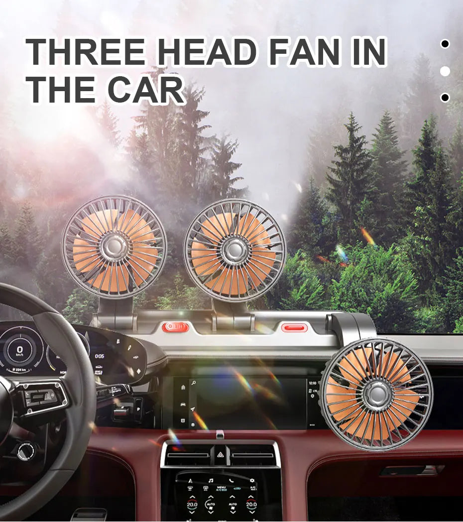 SEAMETAL USB Cooling Fan for Car 360-Degree Rotation 3-Head Electric Fan 2-Speed Silent Motor Fan Universal for Car/Office/Home