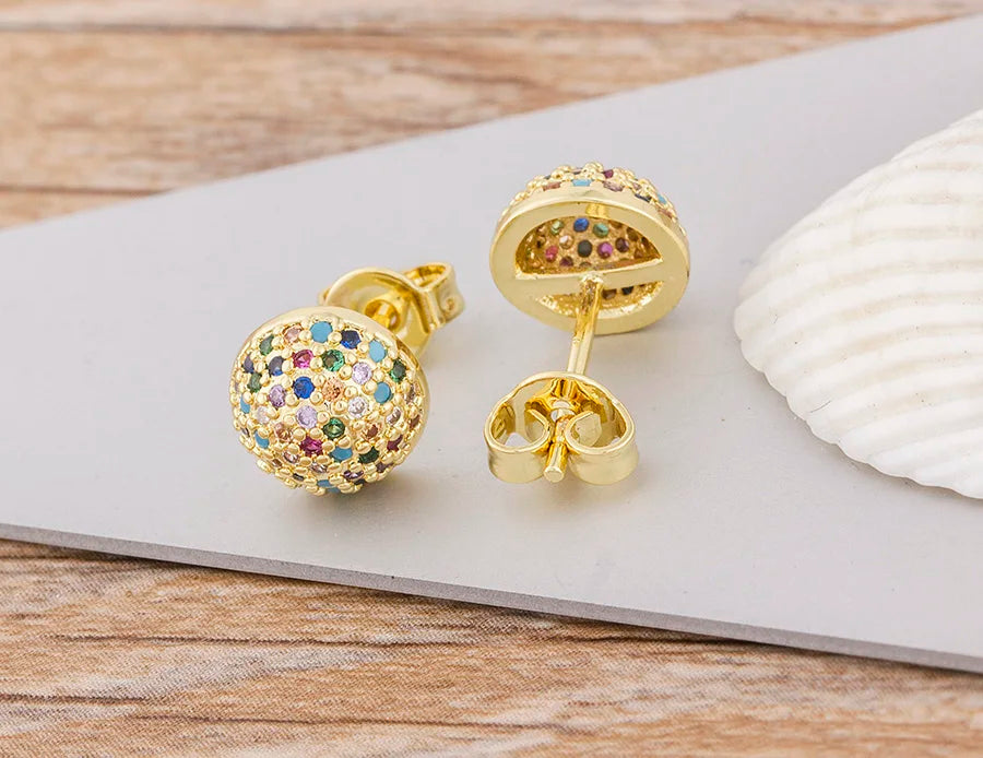 Nidin Korean Fashion Round Shape Pave Colorful Zircon Charm Stud Earrings For Women Birthday Party Ear Jewelry Delicate Gifts