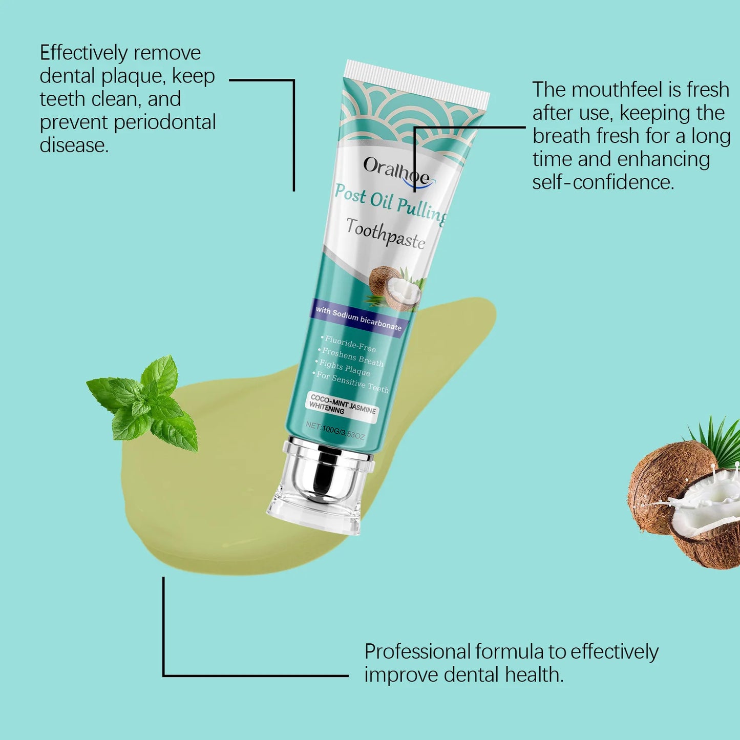 Oralhoe 100g Coconut Oil Whitening Yellow Tooth Toothpaste Fresh Breath Oral Clean Tartar Stain Remove Repair Decay Toothpaste