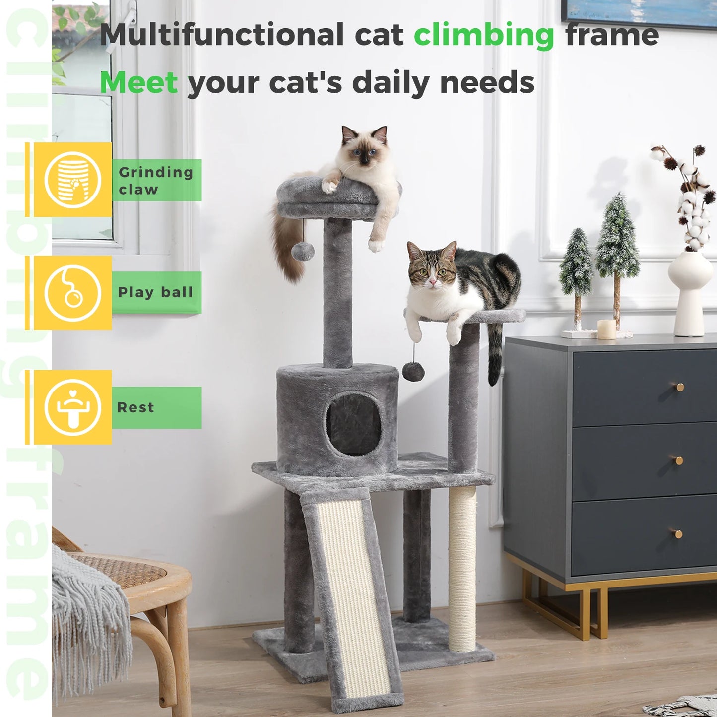 Pet Cat Tree House Condo Perch Entertainment Playground Stable Furniture for Kitten Multi-Level Tower for Large Cat Cozy Hommock