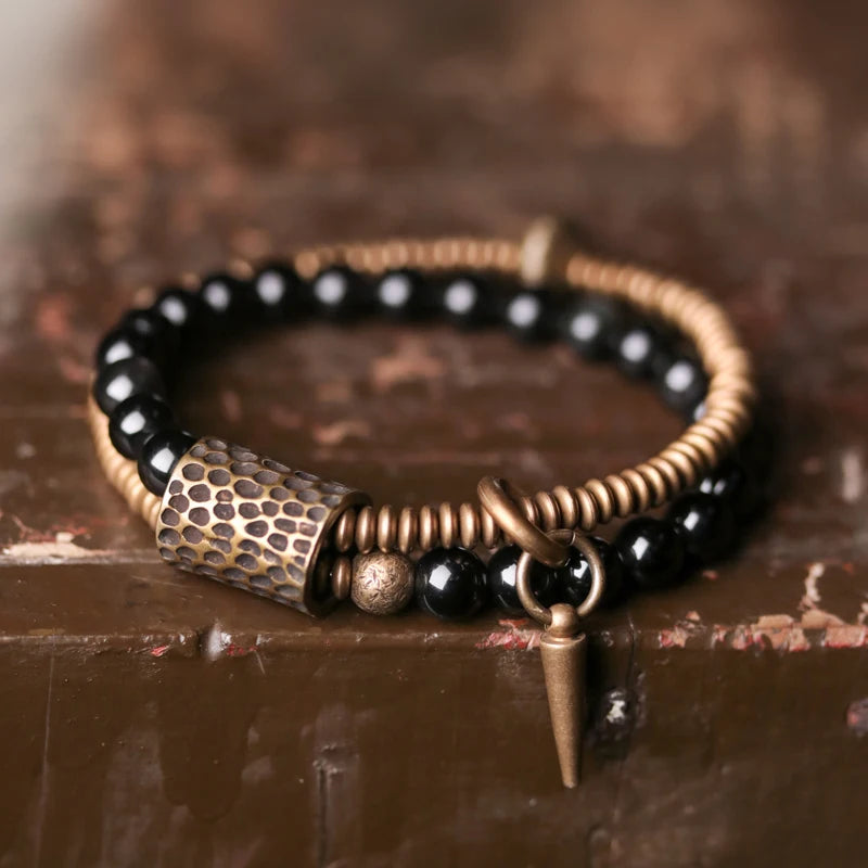 Rainbow Obsidian Beads Bracelet Hammered Brass Two Row  Health Unisex Jewelry for Women Unique Handmade Personalized Bracelet