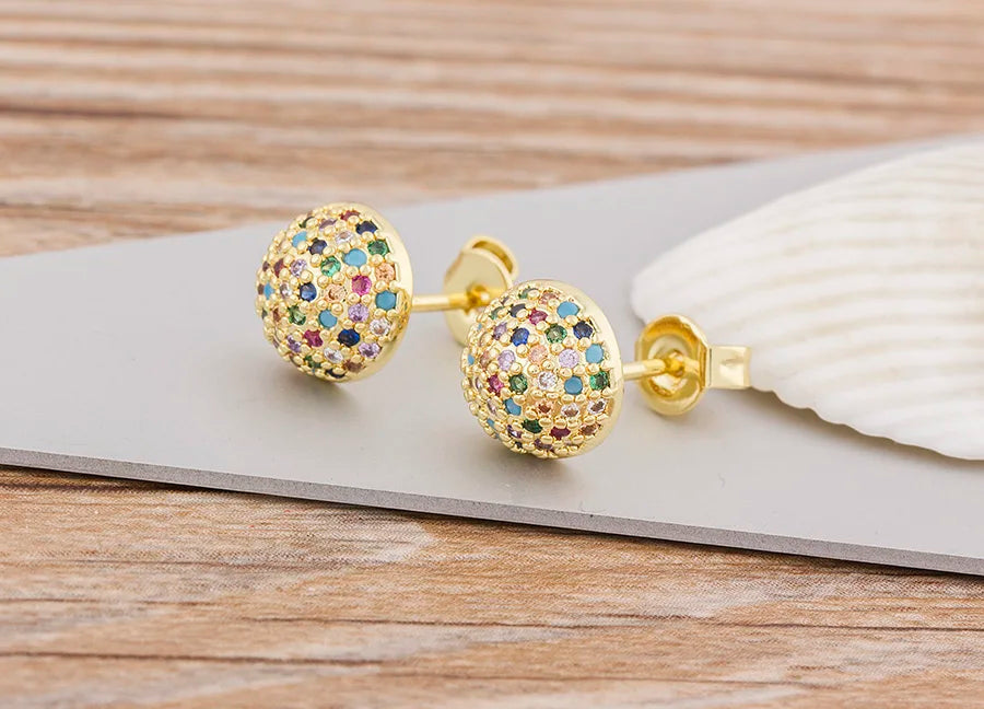 Nidin Korean Fashion Round Shape Pave Colorful Zircon Charm Stud Earrings For Women Birthday Party Ear Jewelry Delicate Gifts