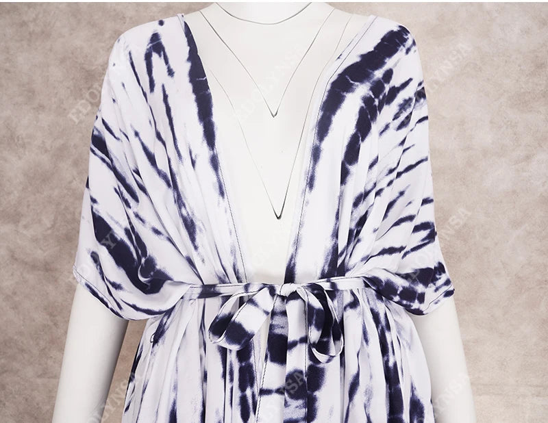 2023 Bikini Cover-ups Black Retro Striped Self Belted Women Summer Clothing Kimono Dress Beach Wear Swim Suit Cover Up Q1225