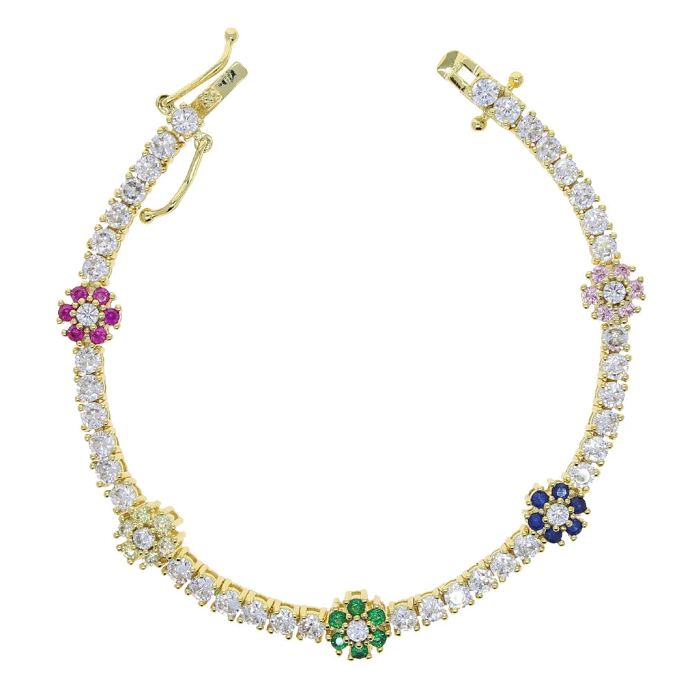 2025 Spring New Design Colorful Flower Charm White Black Rainbow CZ Tennis Chain Bracelet Women Fashion Jewelry