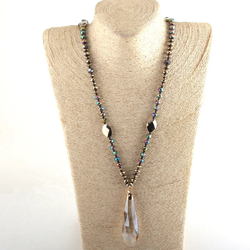 Fashion Bohemian Tribal Jewelry Crystal / Hematite Long Knotted Long Glass Drop Pendant Necklaces
