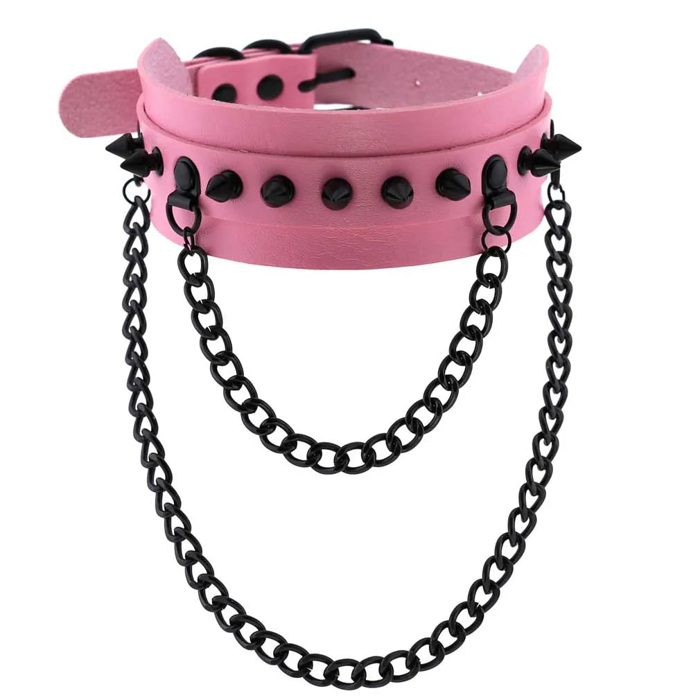 Goth Pink Leather Necklaces Women Punk Black Rivet Spike Collar Chain Neck Strap Gothic Holloween Girls Choker Y2K Body Jewelry