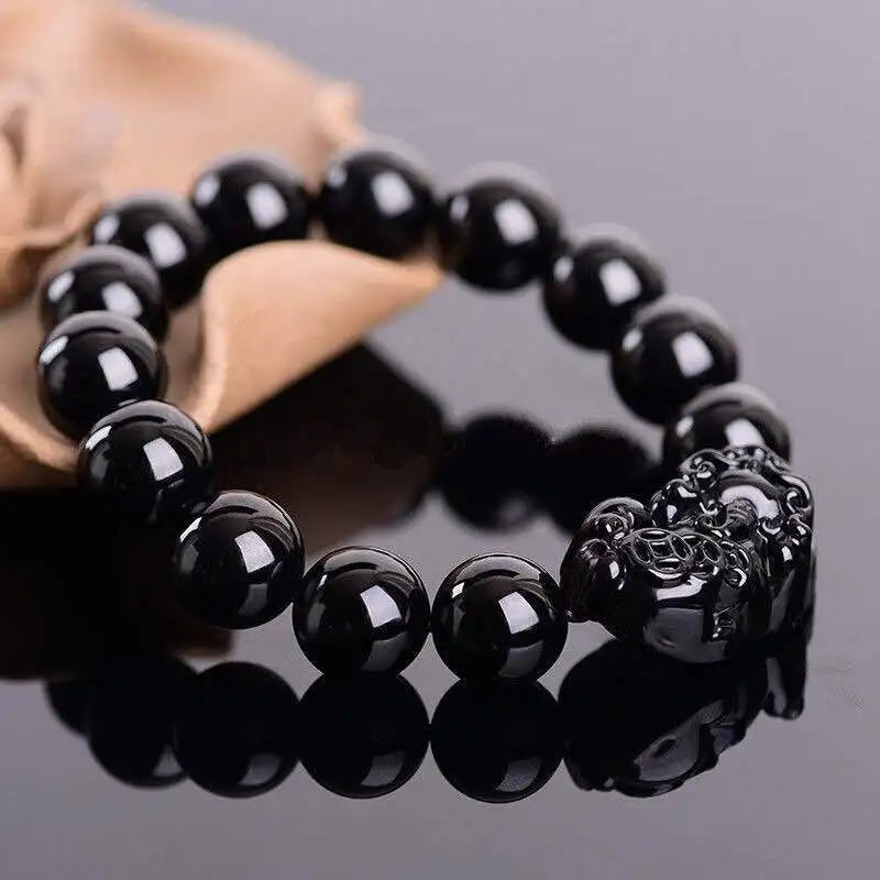 Feng Shui Obsidian Stone Beads Bracelet Wristband Gold Color Black Pixiu Wealth Good Luck Women Bracelet  Men Women Unisex