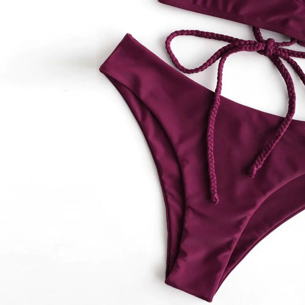 Melphieer 2025 New Wine Red Braided Straps Bikini Cross Back Brazilian Bikinis Set Biquini Swimsuit Swimwear Women Bathing suit