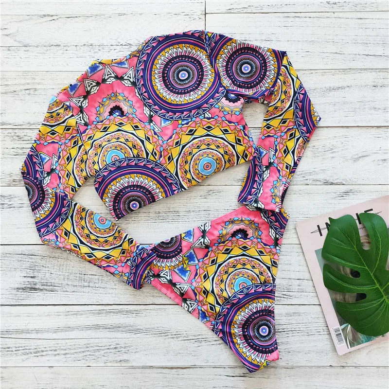 2023 Sexy Long Sleeve Bikinis Women Swimsuit Green Leaves Print Bathing Suits Beachwear Brazilian Bikini Set Biquini Female