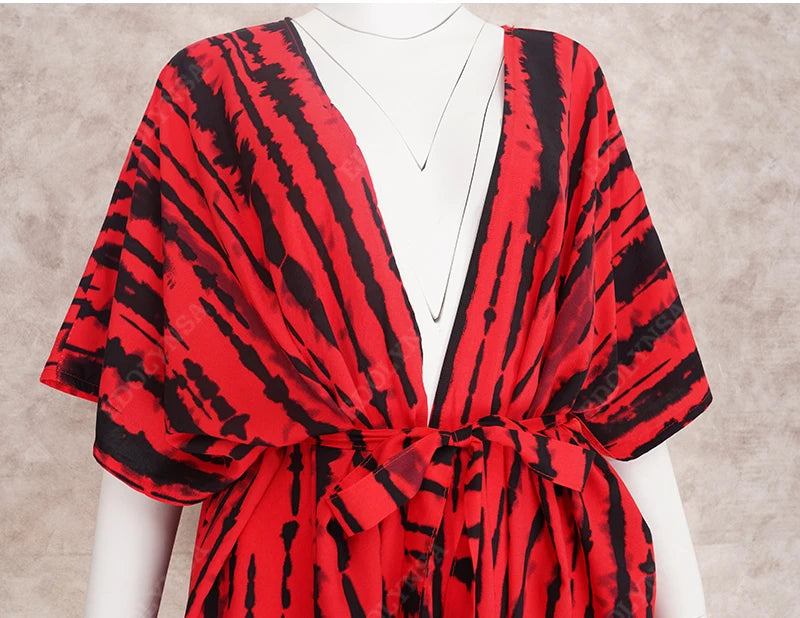 2023 Bikini Cover-ups Black Retro Striped Self Belted Women Summer Clothing Kimono Dress Beach Wear Swim Suit Cover Up Q1225
