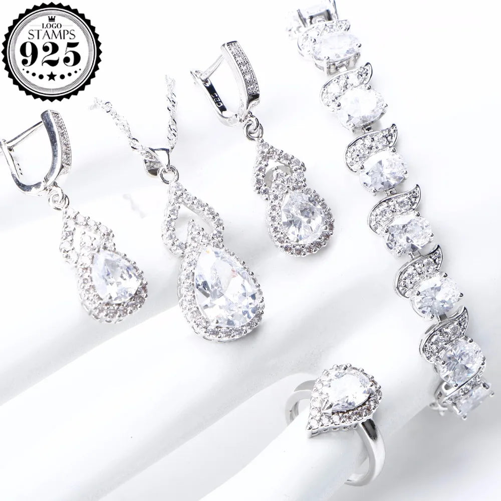 Natural Rainbow Jewelry Sets 925 Sterling Silver Stones Wedding Earrings For Women Stones Bracelet Necklace Rings Set Gifts Box