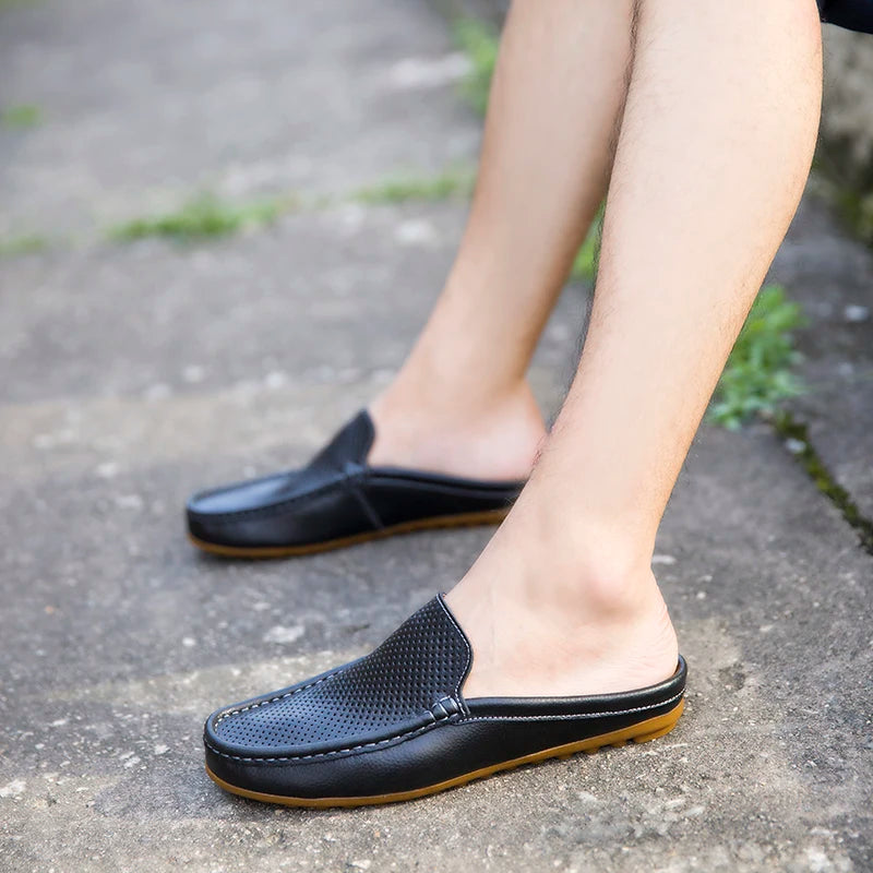 Summer Men's Shoes Casual Brand Mens Breathable Loafers Genuine Leather Half Slipper For Men Slip on Lazy Driving Shoe Moccasins