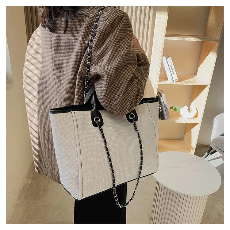 Women Tote Bag Fashion Canvas Large Capacity Handbag Casual Chains Shoulder Bags Ladies Big Messenger Bag Shopping Bag