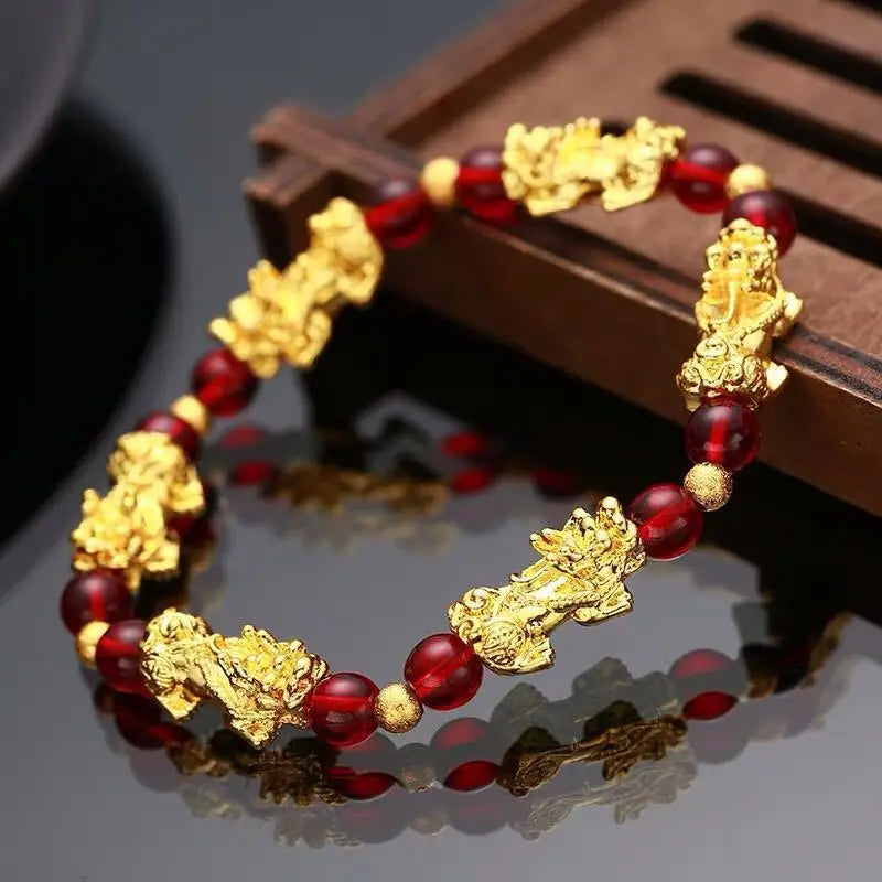 Feng Shui Obsidian Stone Beads Bracelet Wristband Gold Color Black Pixiu Wealth Good Luck Women Bracelet  Men Women Unisex