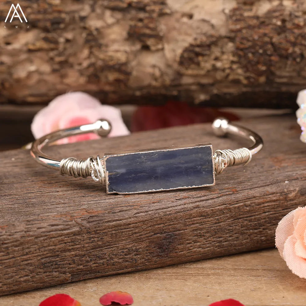 Natural Blue Kyanite Stone Open Bangle For Women High Quality Handmade Birthday Wedding Jewelry Gifts