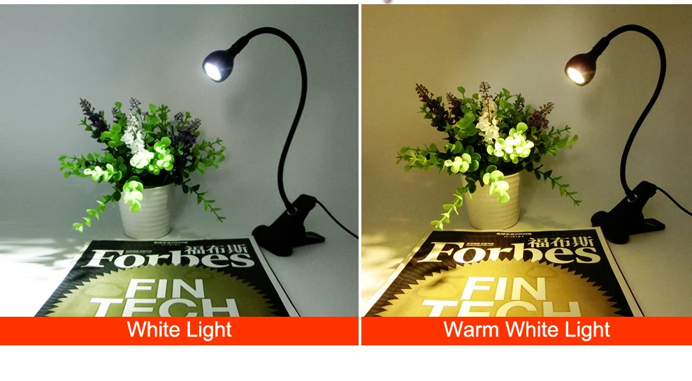 USB Power Clip Holder LED Book Light Desk Lamp 1W Flexible LED Reading Book Lamp Switch On/Off Table Lamp for Bedroom Study Room