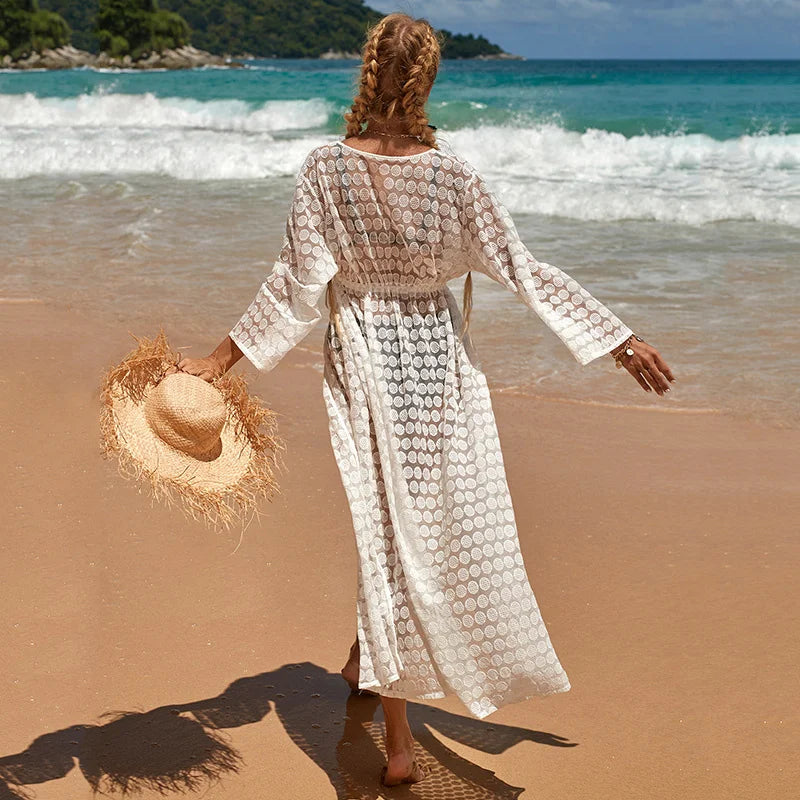 2024 Crochet White Knitted Beach Cover Up Dress Tunic Long Pareos Bikinis Cover Ups Swim Cover Up Robe Plage Beachwear