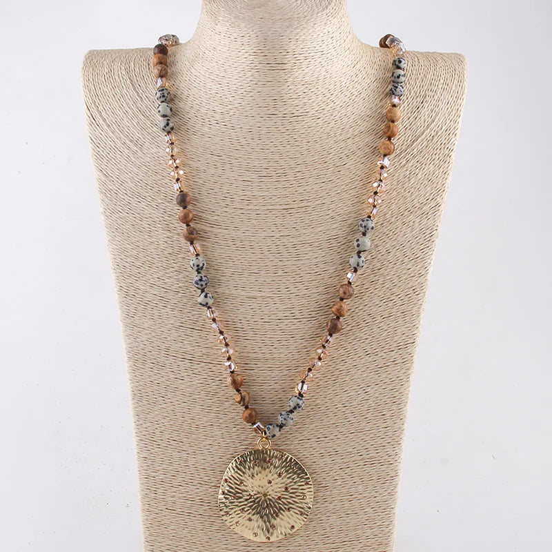 RH Fashion Bohemian Jewelry Natural Stones With Glass Links Crystal Round Pendant Necklaces For Women Boho Gift