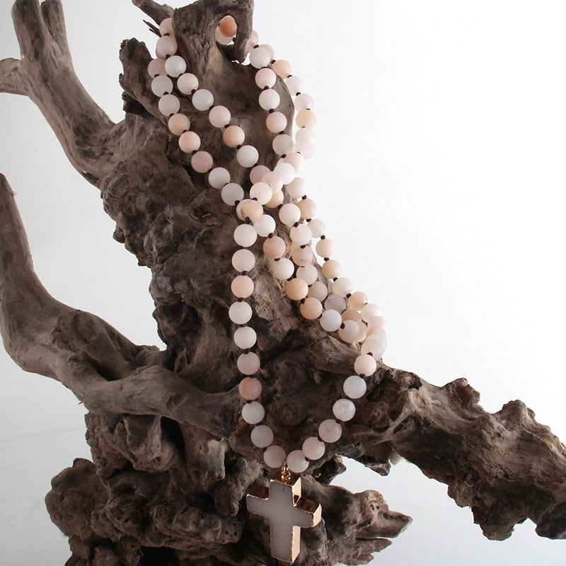 RH Fashion Bohemian Tribal Jewelry 8mm Natural Stones Knotted Stone Cross Pendant Necklaces Women Ethnic Necklace