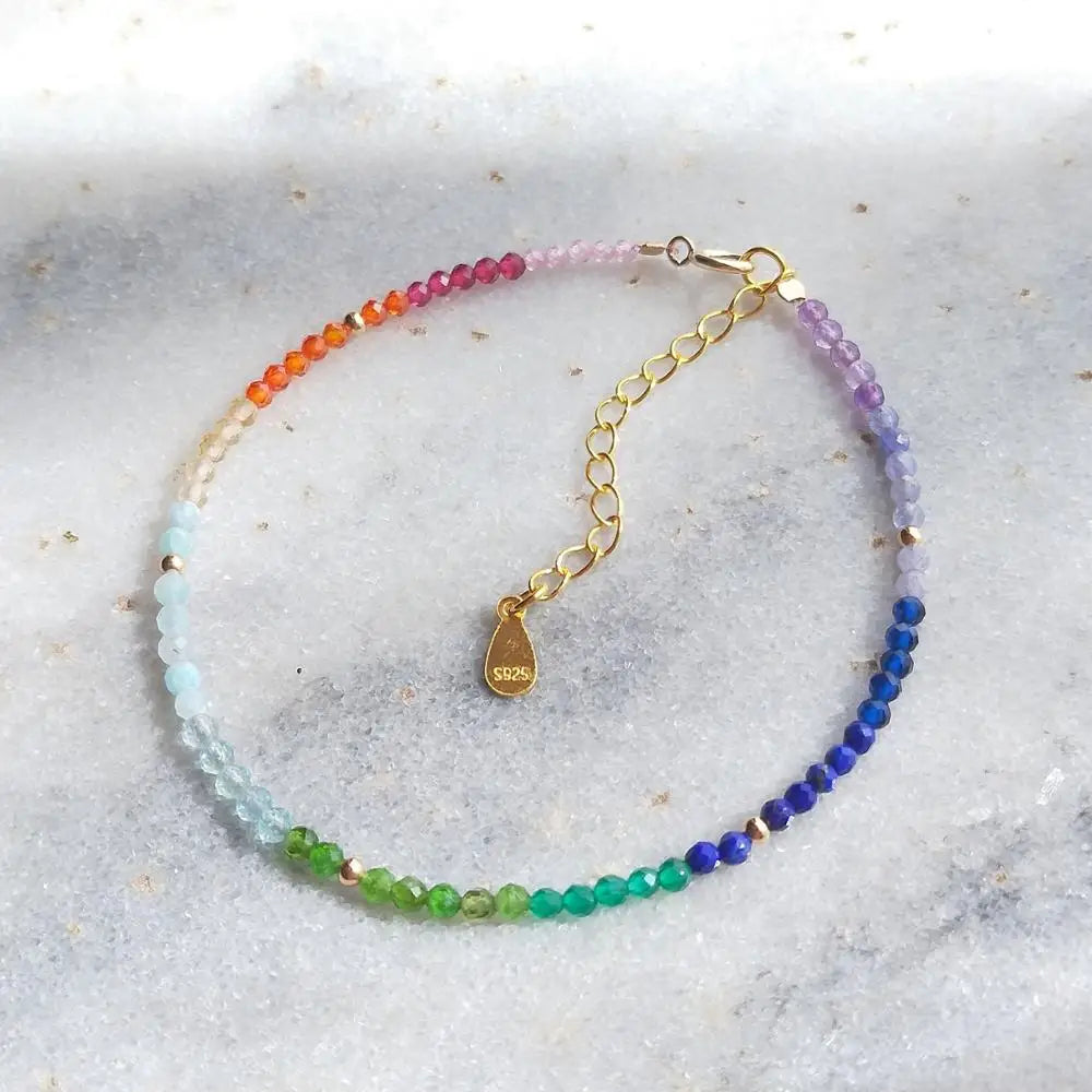 LiiJi Real Stone Small Rainbow Healing Stone 925 Sterling Silver Gold Color Adjustable Bracelet For Women Girls Jewelry