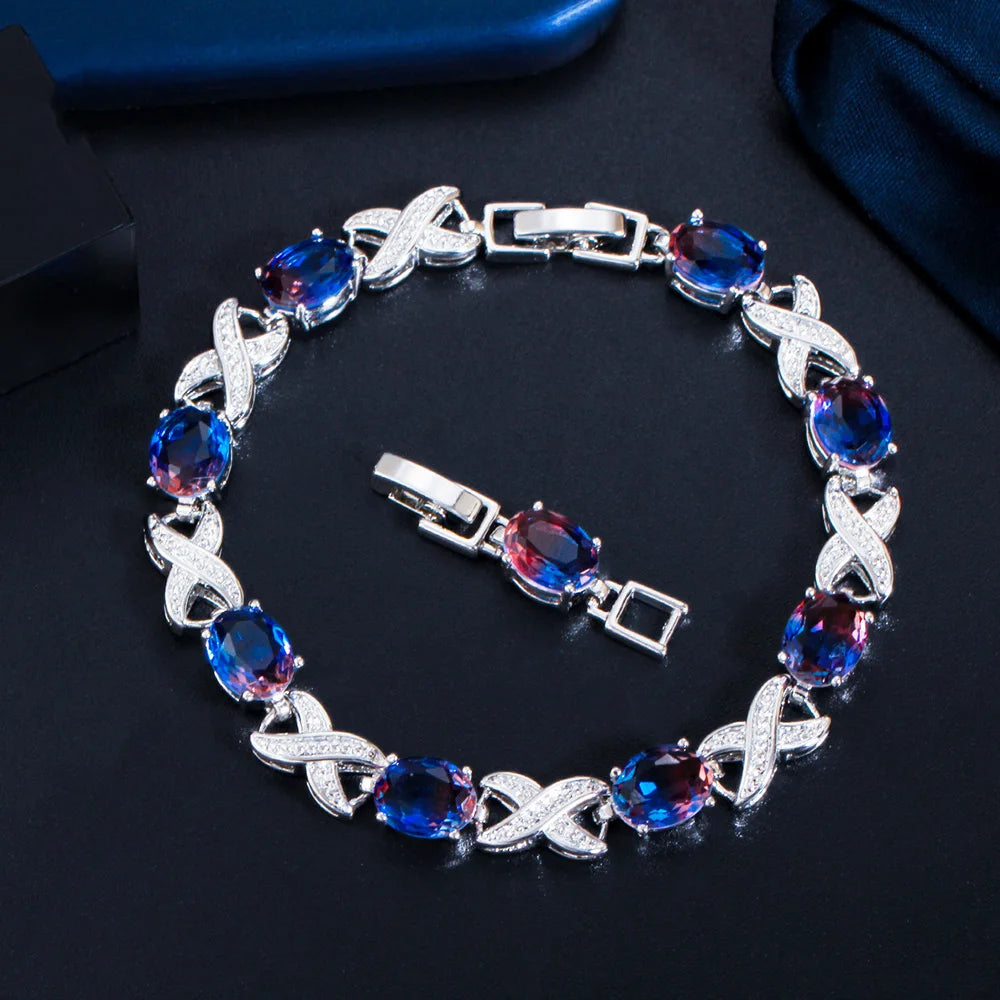 Pera Trendy Cross Oval Rainbow Cubic Zirconia Silver Color Tennis Chain Link Bracelet for Ladies Wedding Party Jewelry Gift B199