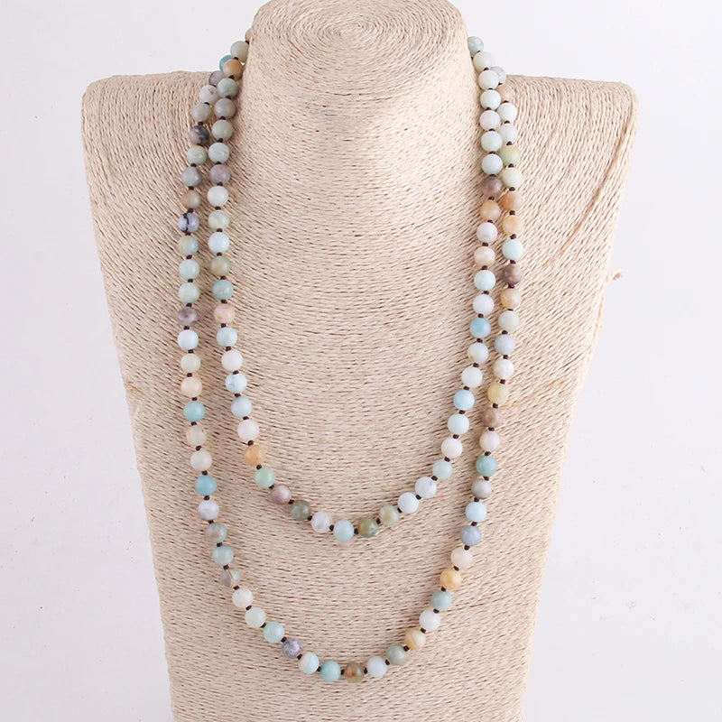New Bohemian Jewelry long Knotted Halsband 8mm 125-128cm Double wrap Natural Stone Necklace