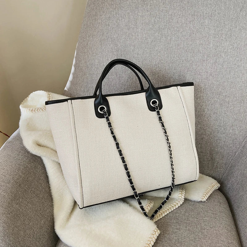 Women Tote Bag Fashion Canvas Large Capacity Handbag Casual Chains Shoulder Bags Ladies Big Messenger Bag Shopping Bag