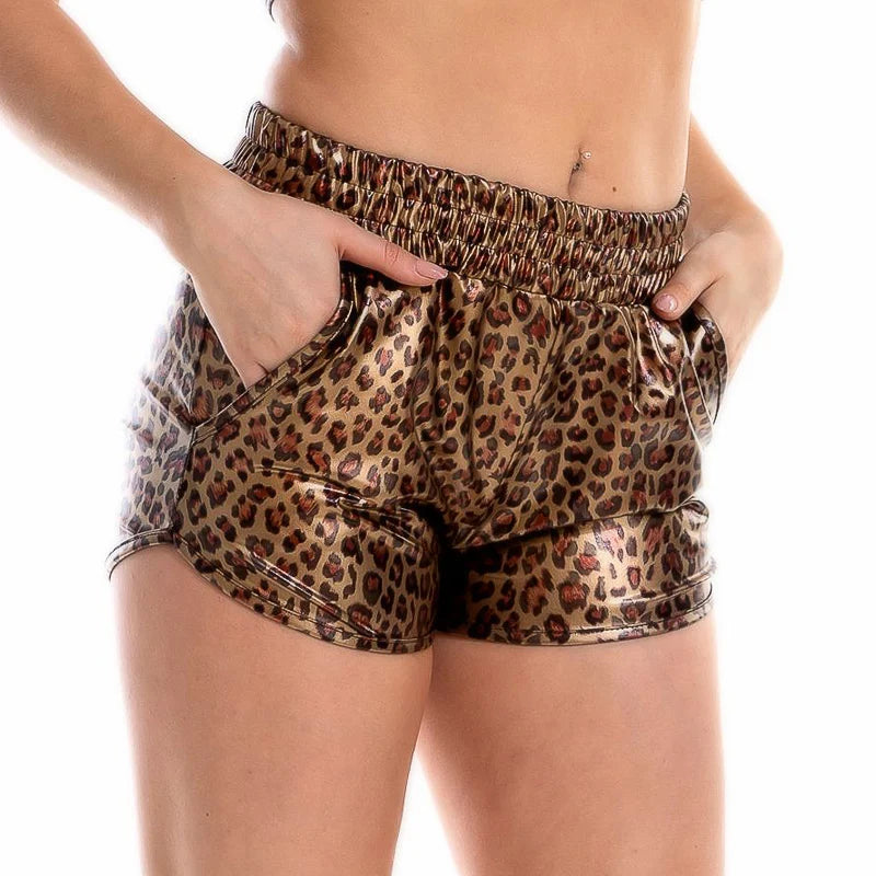 Women Skinny PU Leather Gold Leopard Shorts Summer Shiny Elastic Waist Metallic Booty Club Rave Festival HotPants Bottoms