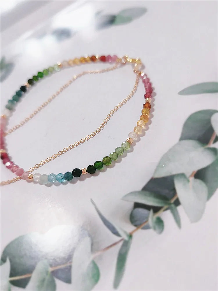 Natural Colorful Mix Tourmaline Bead Bracelet Handmade Women 14K Gold Filled Chain Double Layer Bracelet Semi Precious Jewelry