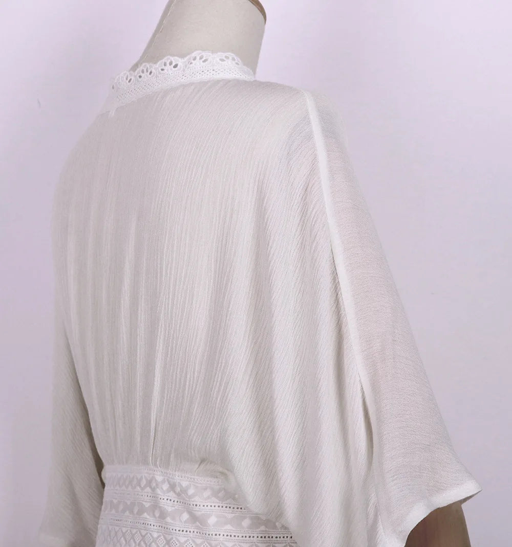 2024 Crochet White Knitted Beach Cover Up Dress Tunic Long Pareos Bikinis Cover Ups Swim Cover Up Robe Plage Beachwear