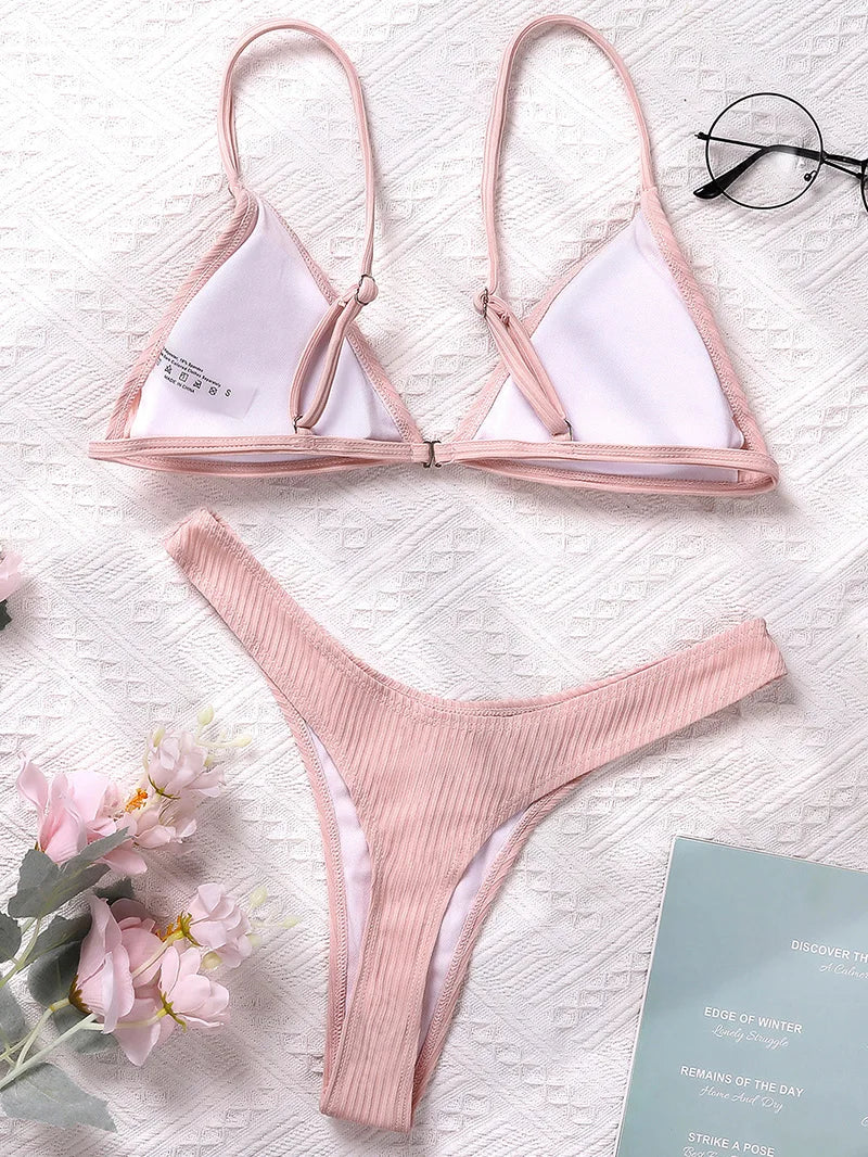 Bandeau Tanga Bikinis Ribbed Bikini 2025 Sexy High Cut Bikini Set Brazilian Swimsuit Thong Swimwear Women Girls Swimming Suit