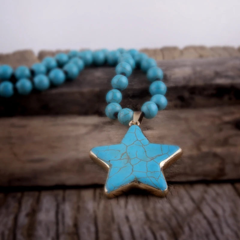 Fashion Bohemian Tribal Jewelry Turq/White Stone Long Knotted Pentagram Star Pendant Necklaces