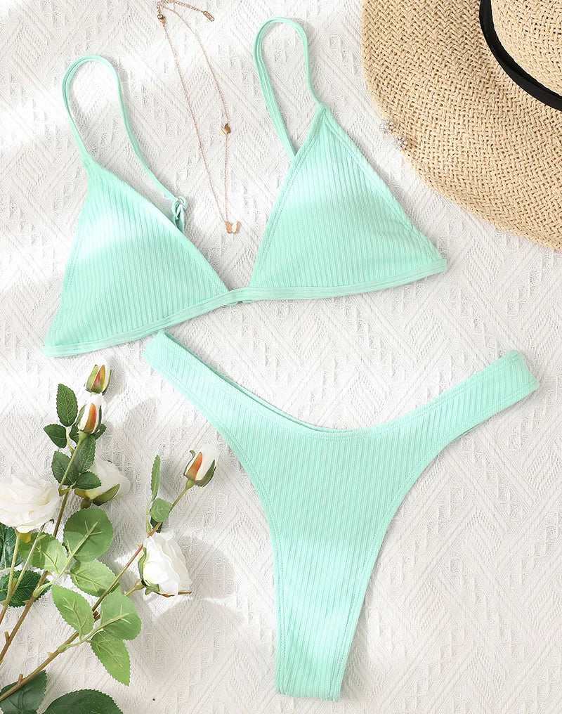 Bandeau Tanga Bikinis Ribbed Bikini 2025 Sexy High Cut Bikini Set Brazilian Swimsuit Thong Swimwear Women Girls Swimming Suit