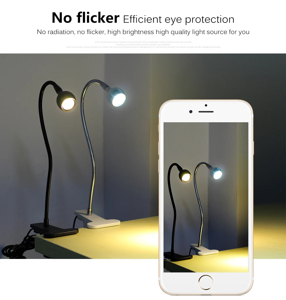 USB Power Clip Holder LED Book Light Desk Lamp 1W Flexible LED Reading Book Lamp Switch On/Off Table Lamp for Bedroom Study Room