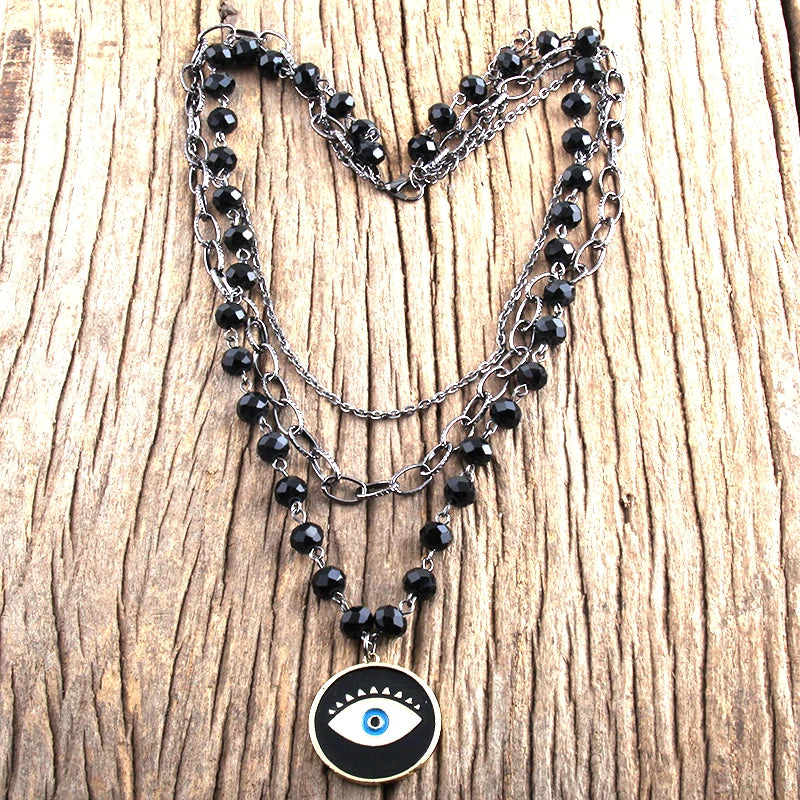Fashion Bohemian Tribal Jewelry 3 Layer Multiple Black Glass Crystal Rosary Link & Chain Cross Pendant Necklaces