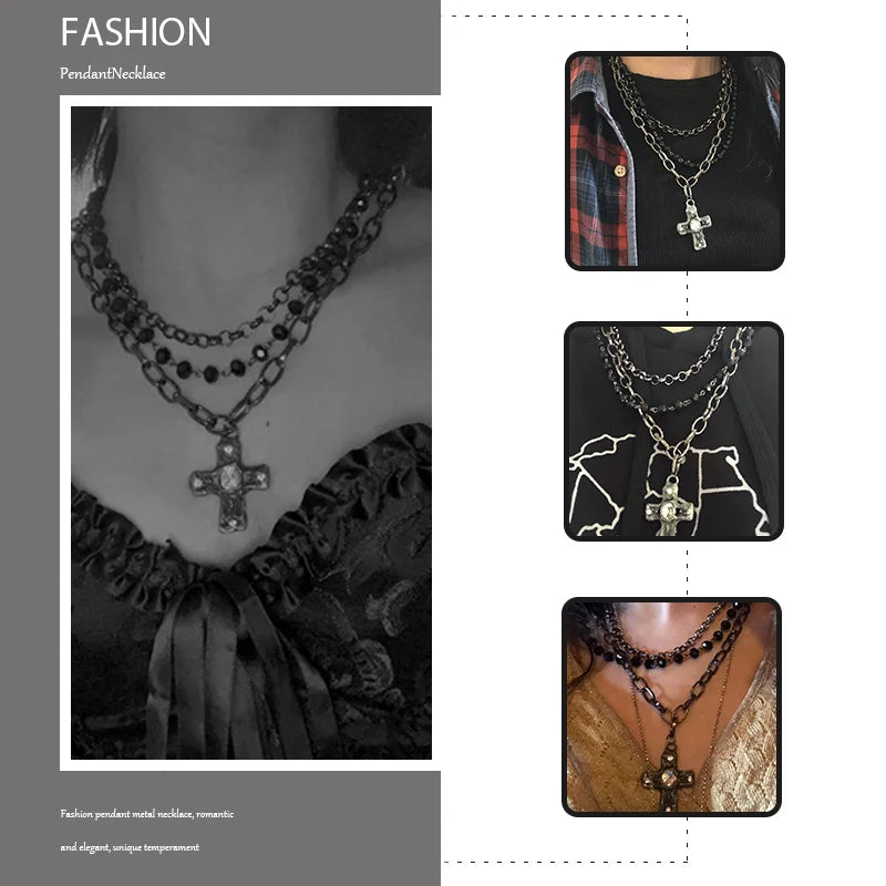 Fashion Bohemian Tribal Jewelry 3 Layer Multiple Black Glass Crystal Rosary Link & Chain Cross Pendant Necklaces