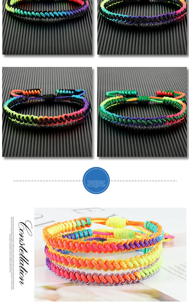 Lucky Colorful Rainbow Knots Braided Bracelet For Women Men Couple Handmade Adjustable Prayer Nylon Rope Bangles Travel Gift