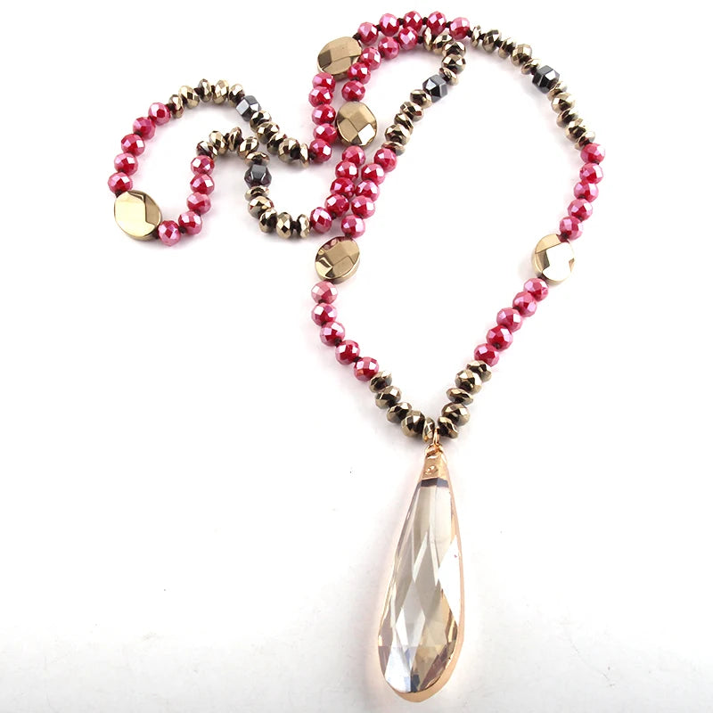 Fashion Bohemian Tribal Jewelry Crystal / Hematite Long Knotted Long Glass Drop Pendant Necklaces