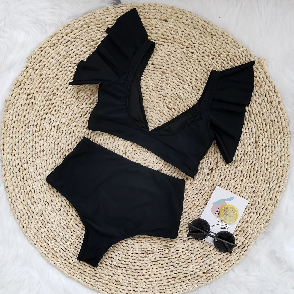 Ruffle Swimsuit 2024 New High Waist Bikini Solid Swimwear Women Sexy Bikinis Push Up Swim Wear Female Bathing Suit Beachwear